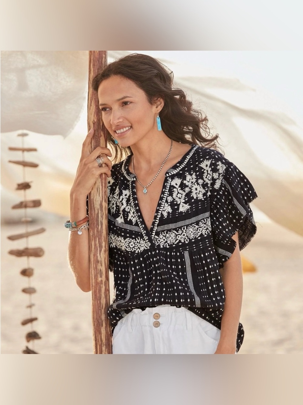 Sundance Electra Embroidered Flutter Sleeve Lightweight Cotton Top Small